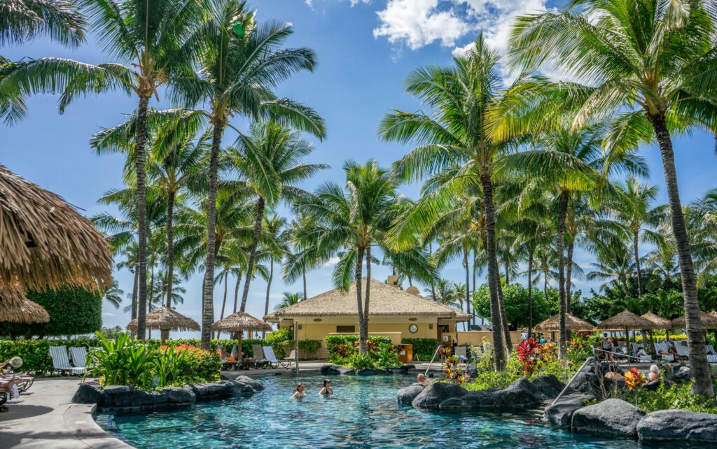Relaxing tropical resort scene with palm trees, swimming pool, and clear blue sky.